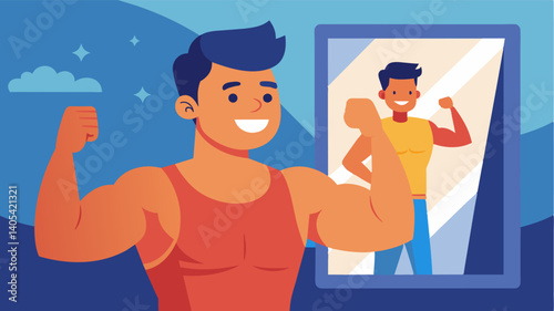 In front of the mirror the man smiles at his reflection embracing his toned muscles and appreciating how far he has come in his fitness journey.. Vector illustration
