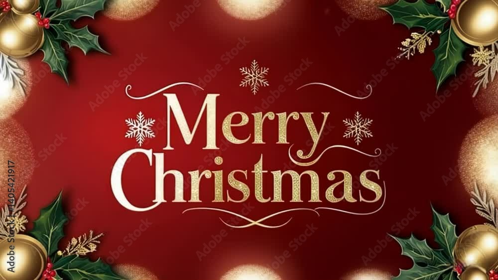 Merry Christmas gold typographical on a red Xmas background with winter landscape with snowflakes, ornaments, light, stars for holiday marketing concept.