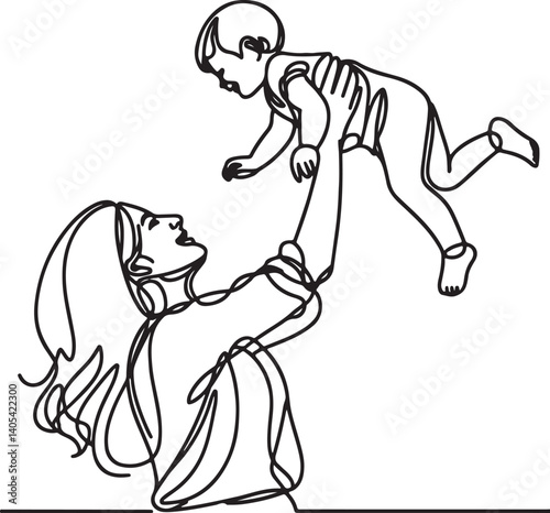 happy mom raising daughter in the air line drawing vector