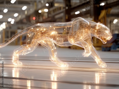 Transparent glass panther mid stride walking on reflective surface under museum style lighting in futuristic sculpture concept combining realism and abstract form