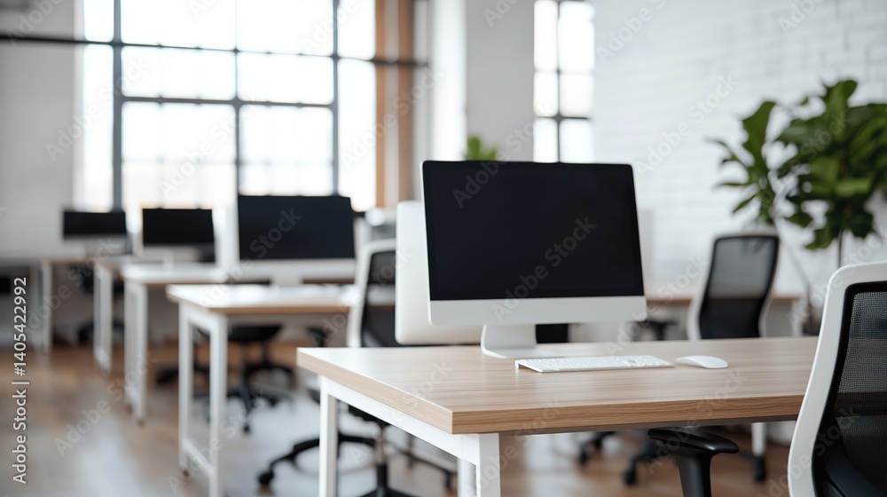 Fototapeta premium Modern office workspace urban environment digital technology professional setting bright and minimalistic aesthetic