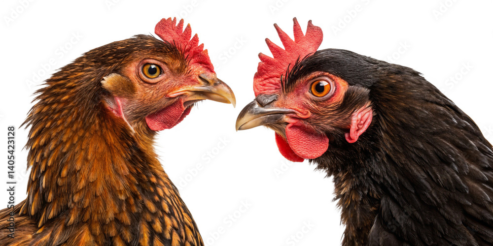 Fototapeta premium Close-up Portrait of Two Chickens Facing Each Other A Study in Poultry