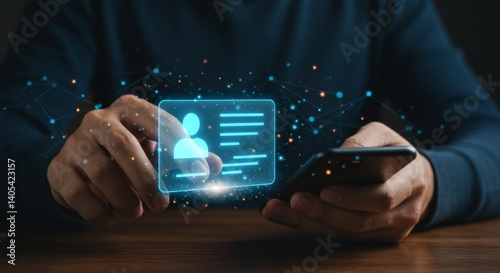  Hands Holding a Smartphone Displaying a Holographic User Profile or Digital Identity with Network Connections