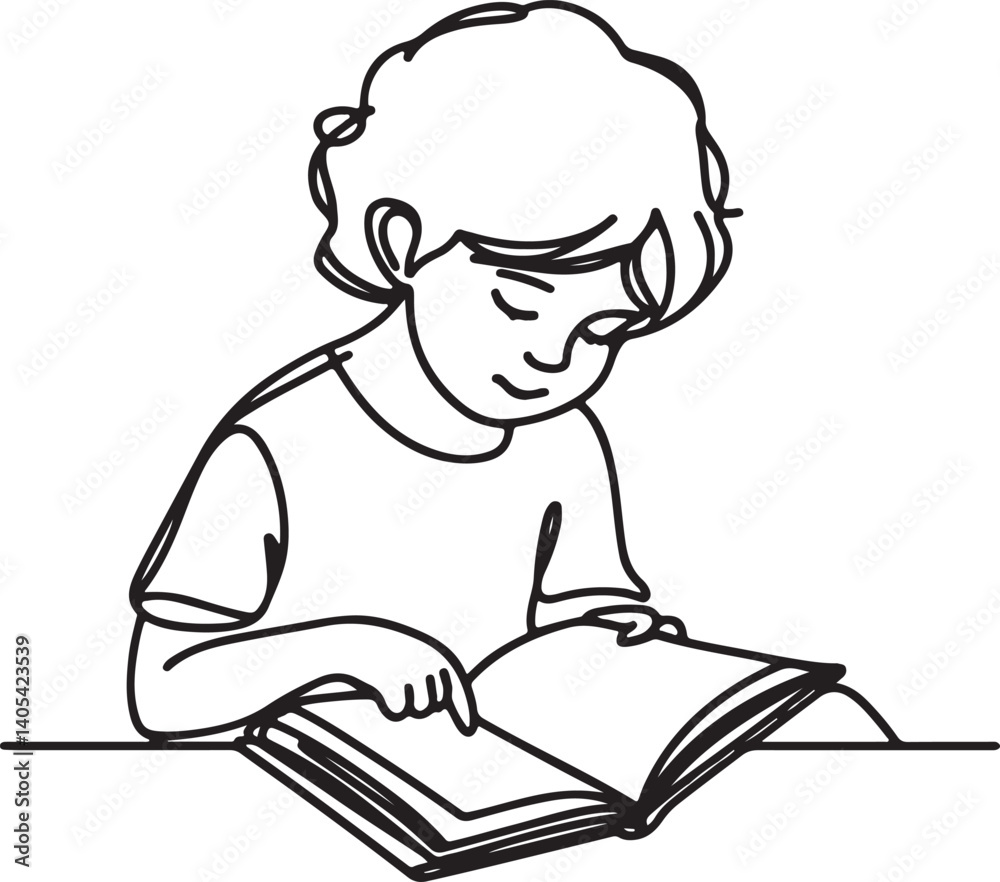 line drawing of child reading under tree vector line drawing of child reading under tree vector