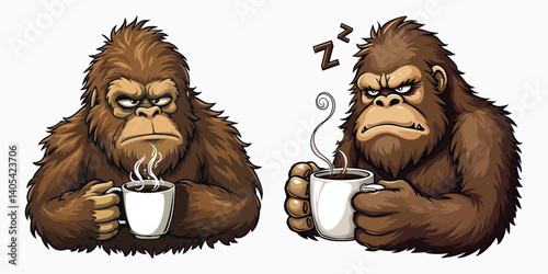 Coffee-Loving Bigfoot Vector – Humorous Sasquatch Sipping Morning Brew in the Woods