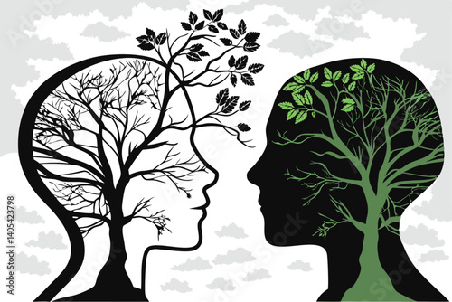 77 Surreal portrait, two human head silhouettes, trees growing inside heads, black and white with green accents, opposing profiles, bare branches, lush foliage, psychological concept, mental health me
