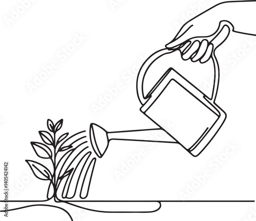 Simple line art of hand watering a plant