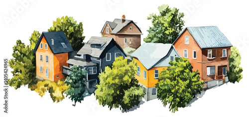 Multiple houses, watercolor effect, vector.