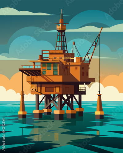 A rusted and abandoned oil rig in the middle of an ocean no longer able to produce oil.. Vector illustration