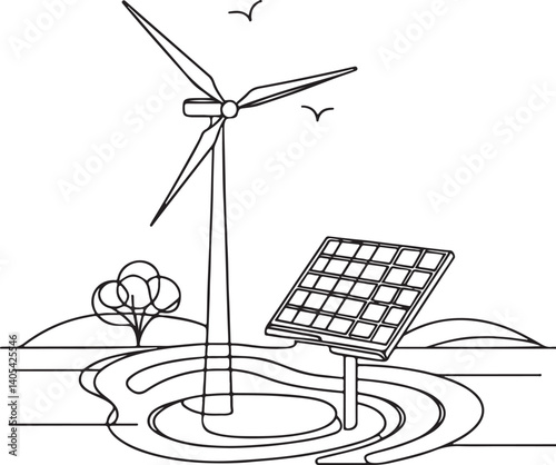 Wind turbine and solar panel line art