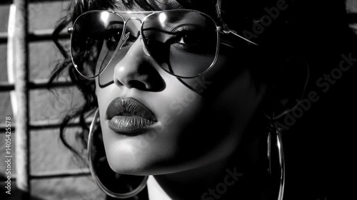 Rock Star Girl With Sunglasses in a Black and White Portrait Generative AI