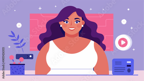A makeup tutorial video featuring a famous beauty influencer of a larger body type showing viewers how to embrace their unique features and love themselves.. Vector illustration