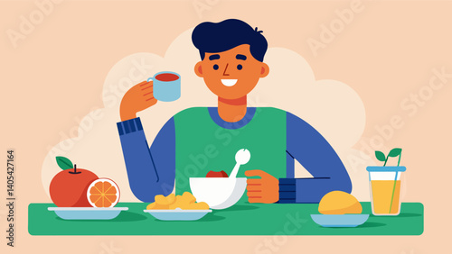 A man enjoying a healthy breakfast highlighting the role of food in fueling mens bodies and promoting optimal health.. Vector illustration