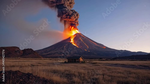 A powerful volcano erupts in the distance, sending plumes of ash and smoke into the sky as a lone house stands silently in the rural foreground.


