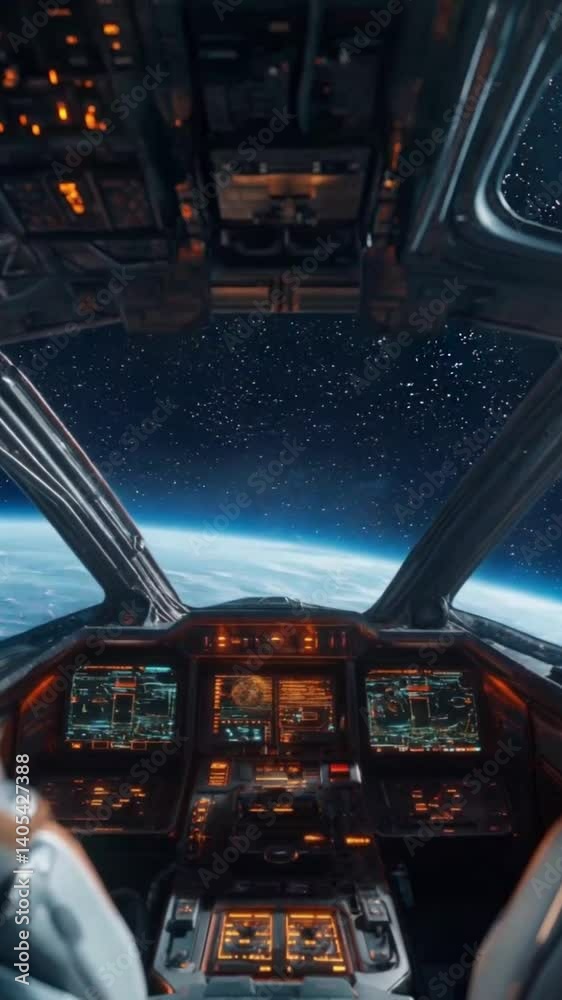 Futuristic Spacecraft Cockpit with Glowing Control Panels and Panoramic View of Earth from Orbit against a Starry Outer Space Background