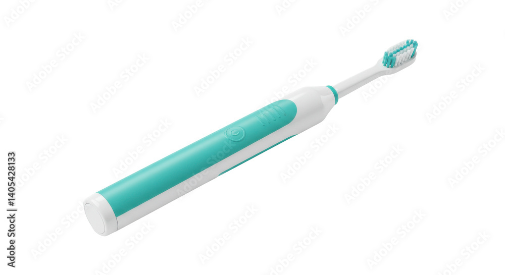 A close up shot of a white and teal electric toothbrush against a black background in a studio setting A close up shot of a white and teal electric toothbrush against a black background in a studio setting