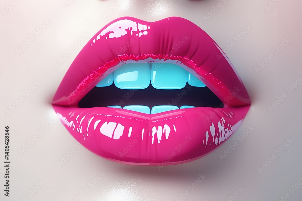 Obraz premium Glossy pink lips with bright shine and blue teeth in surreal close-up beauty render
