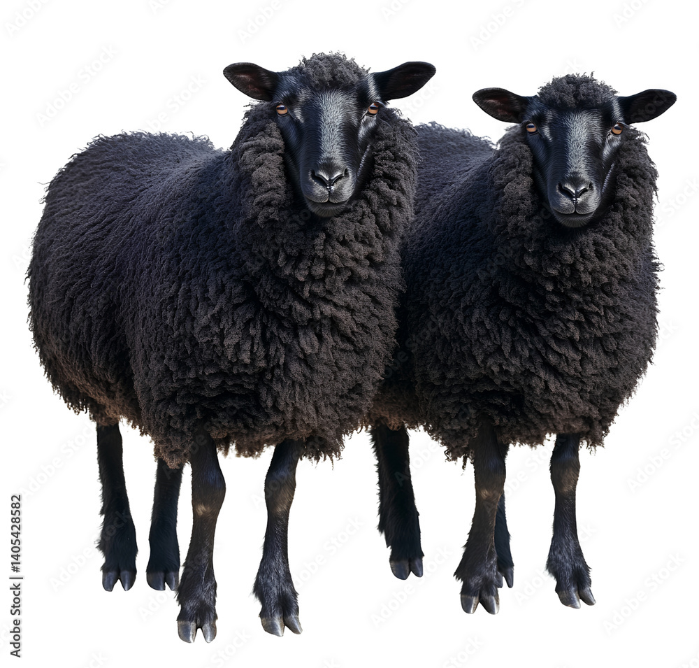 Fototapeta premium Two black sheep, full body photo with transparent background
