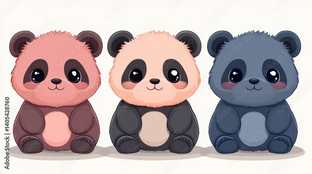 Obraz premium Adorable illustration of three colorful cartoon pandas sitting side by side in a cute style.