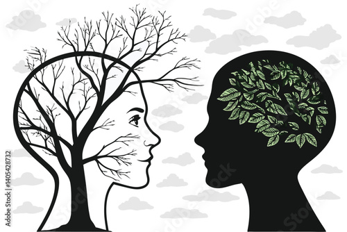 77 Surreal portrait, two human head silhouettes, trees growing inside heads, black and white with green accents, opposing profiles, bare branches, lush foliage, psychological concept, mental health me