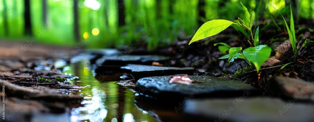 Majestic Natural Scene with Lush Greenery and Serene Water Flow in a Tranquil Forest Setting Majestic Natural Scene with Lush Greenery and Serene Water Flow in a Tranquil Forest Setting