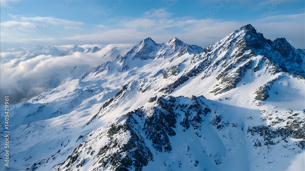 Obraz premium Snow Covered Mountain Peaks at Sunrise, Ideal for Meditation, Scenic Presentations, Website Backgrounds, and Calm Nature Visuals