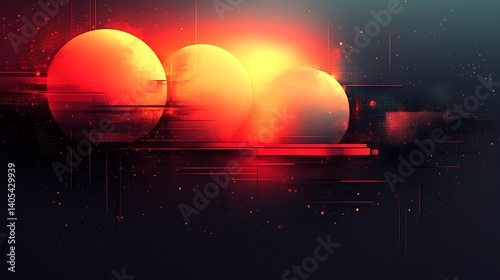 Abstract red and orange spheres in dark space with glitch effect.