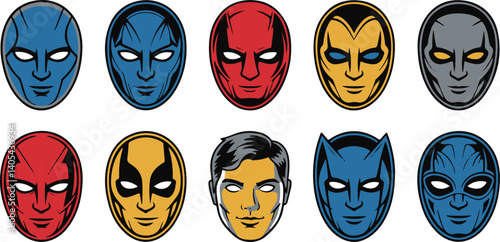 Superhero mask vector set comic book style male character faces, colorful hero disguise icons, cartoon fantasy costume illustration