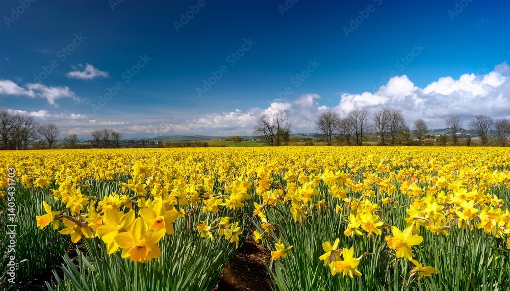 Yellow daffodil fields in bloom under blue sky Yellow daffodil fields in bloom under blue sky