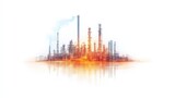 Oil refinery with smokestack emitting vapor under clear sky, industrial facility silhouette.