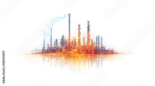 Oil refinery with smokestack emitting vapor under clear sky, industrial facility silhouette.