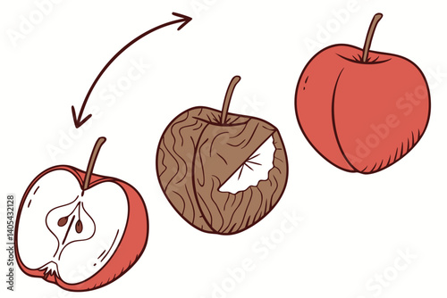 78 Red apple, decay process, time-lapse, aging fruit, dehydration, shriveling, multiple stages, gradual transformation, white background, reflection, detailed texture, botanical study, still life phot