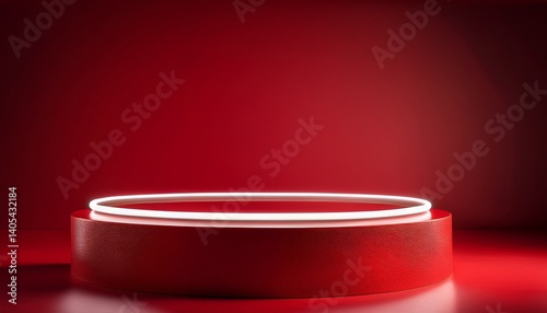 Red podium with white neon tube on red background square layout