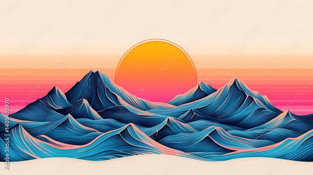 Vibrant abstract landscape with colorful mountains and a glowing sunset, blending nature with imagination.