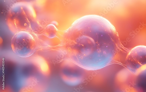 Abstract spheres connected by glowing filaments, warm color palette.
