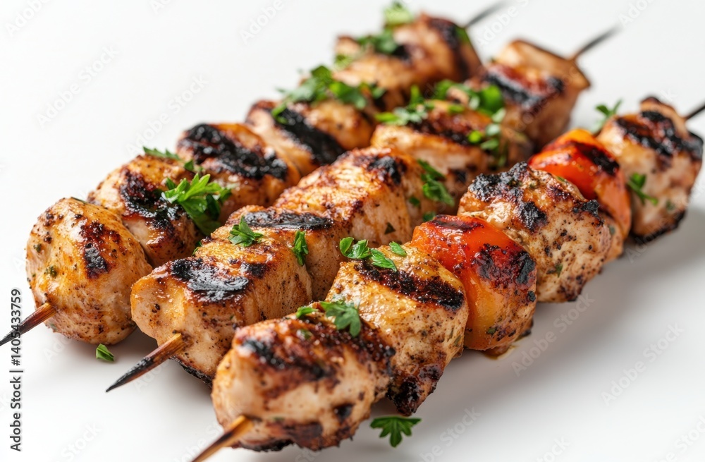 Grilled chicken skewers with herbs, beautifully browned and presented on a white surface. A delicious and appetizing close-up Grilled chicken skewers with herbs, beautifully browned and presented on a white surface. A delicious and appetizing close-up