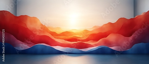 Abstract sunset landscape with red and blue mountains.