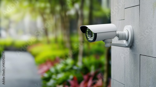 A security camera mounted on a wall overlooks a lush garden pathway, blending technology with nature.