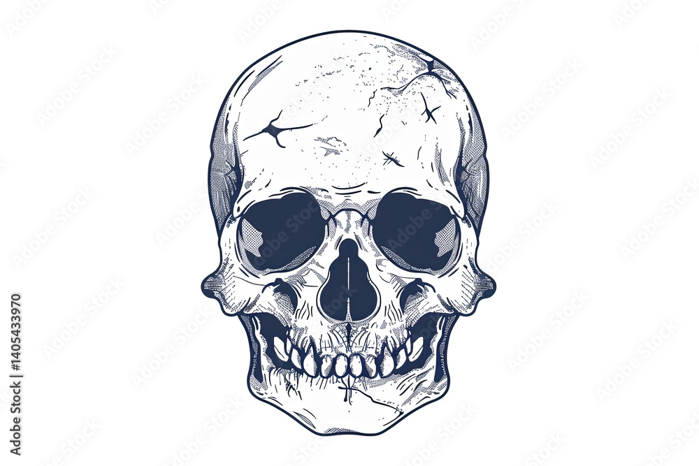 Fototapeta premium Striking skull illustration transparent background. Detailed with visible cracks, showcasing bone structure, emphasizing mortality, and intricate details