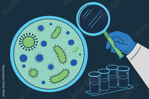 79 Microbiologist examining petri dish, bacterial colonies, green microscopic organisms, blue gloved hand, magnifying glass, scientific research, close-up, vibrant colors, high contrast, detailed micr