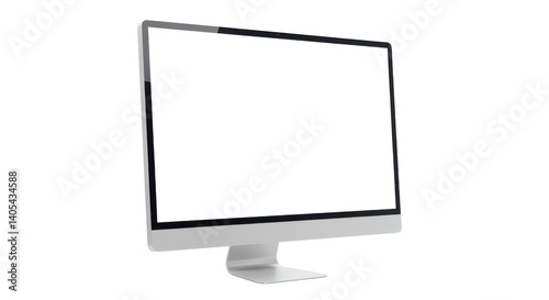 A minimalist computer monitor with a black screen and silver stand isolated on a plain background