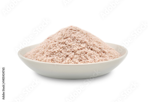 closeup pile of psyllium husk in ceramic white bowl cutout