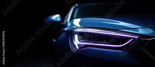 A close-up of the front part of a car, mainly showing the headlights. The car body is deep blue with a streamlined design.