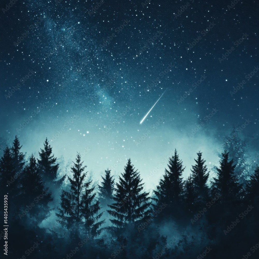 Fototapeta premium Shooting star flying over misty forest at night under milky way galaxy