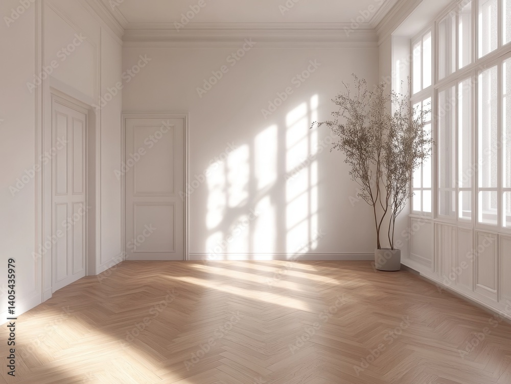 A large room with a white door and a white wall. There is a potted plant in the room A large room with a white door and a white wall. There is a potted plant in the room