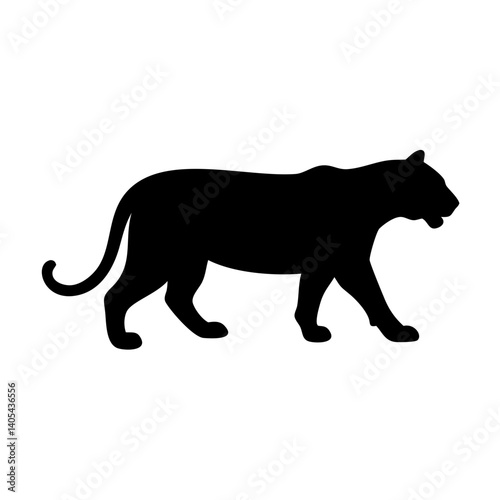 A majestic tiger striding confidently in a powerful silhouette against a stark white background.