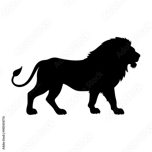 Majestic lion silhouette, a powerful symbol of strength and wildness in a bold black profile against a stark white background.