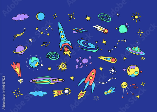 Space for kids, fun sketches. Collection of various colorful doodle cosmos objects