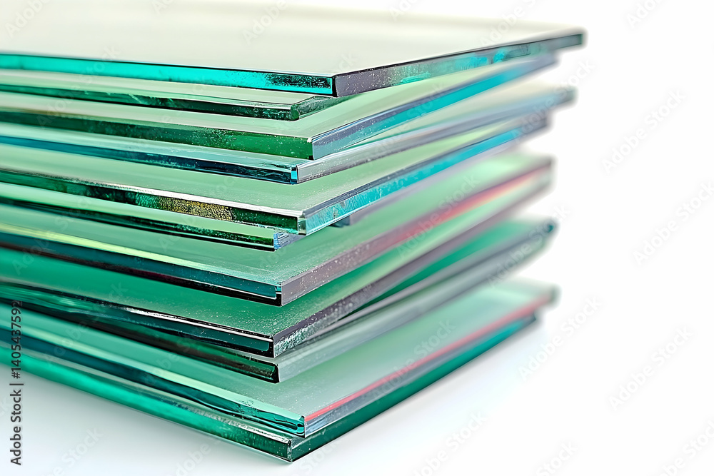 Stack of polished glass sheets reflecting light, showcasing transparency and clarity, ideal for design Stack of polished glass sheets reflecting light, showcasing transparency and clarity, ideal for design