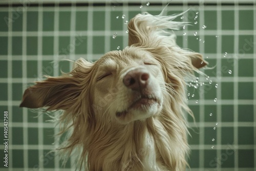 Golden dog enjoying bath shake with water droplets on fluffy fur against green tiled wall
